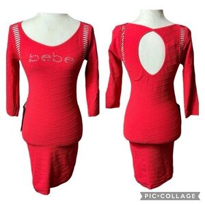 NWT Bebe Dress Tubular Keyhole 3/4 Sleeve Swarovski
Crystal Logo Bodycon M/L